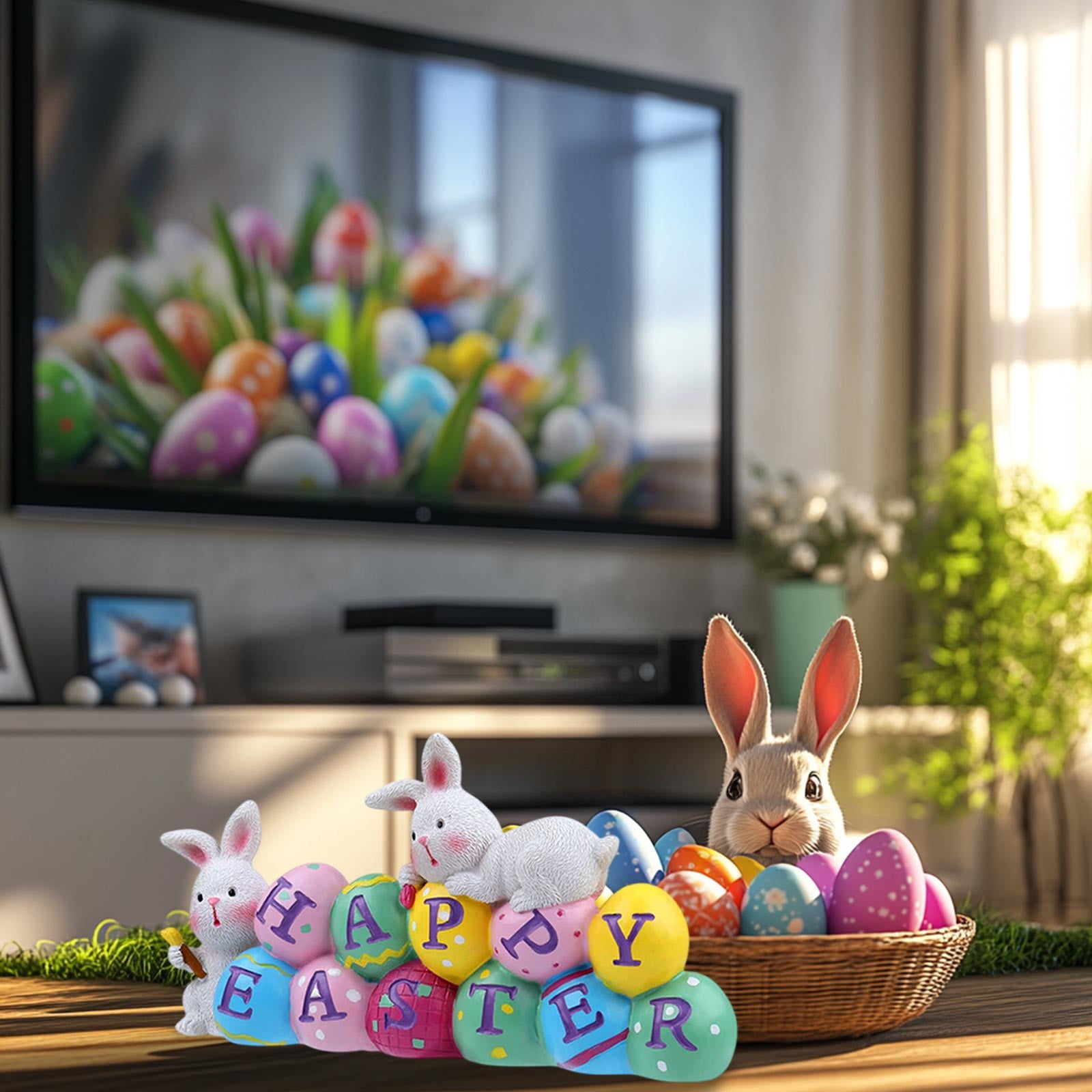 Hand Painted Easter Bunny Statue - Resin Table Centerpiece with Eggs & Flowers, Colorful Easter Home Decor for Spring Party or Holiday Gift