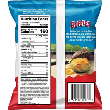 RUFFLES POTATO CHIPS, CHEDDAR & SOUR CREAM, 1 OZ BAGS, 40 COUNT