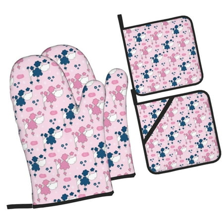 

Fotbe Cartoon Poodle Dog for 4Pcs Oven Mitts and Pot Holders 500℉ Heat Resistant Oven Mitts Non-Slip Silicone Surface Safe for Baking Cooking BBQ