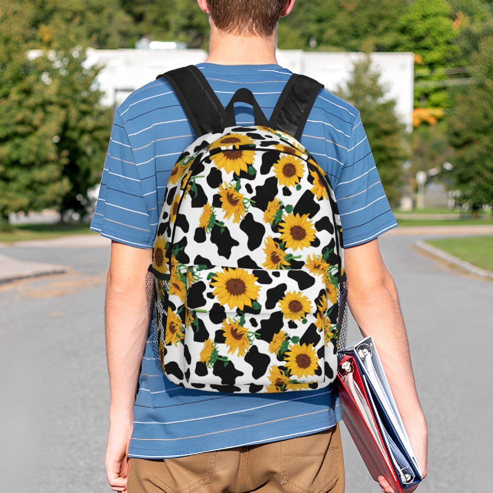 Rateoe Cute Cow Print Sunflower A Pattern Student Backpack Water-resistant Backpack 15-inch Laptop Backpack Lightweight Adjustable School Backpack
