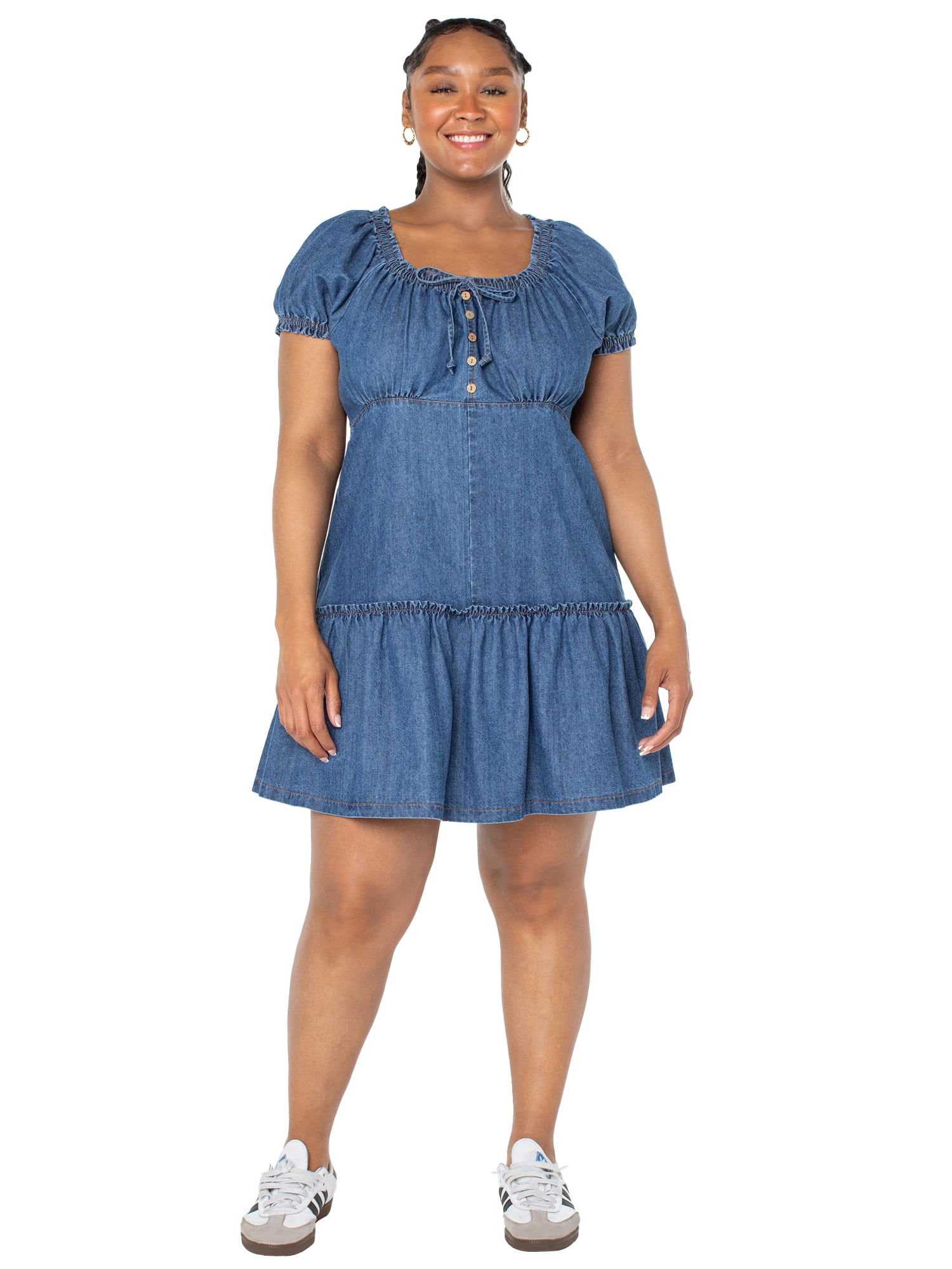 Celebrity Pink Women’s Denim Mini Dress with Puff Sleeves, Sizes XS-4X