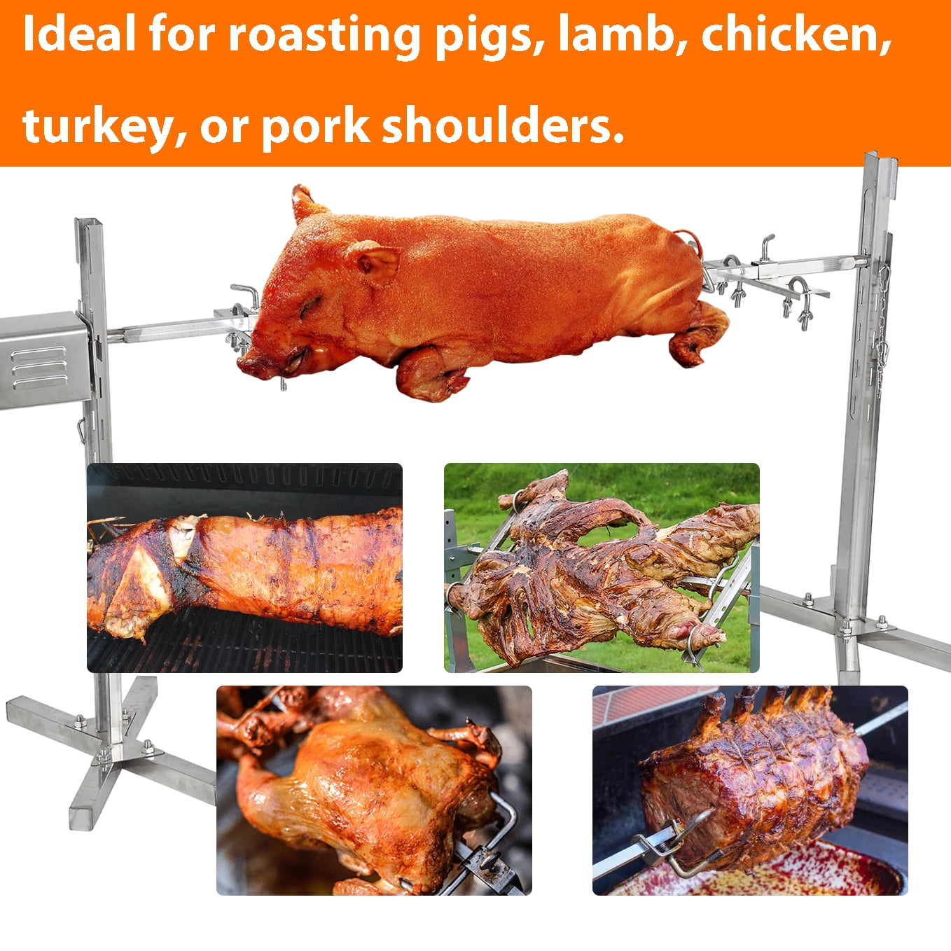 iMeshbean Electric BBQ Rotisserie Grill Kit, 220LB Pig Spit Rotisserie Grill, Stainless Steel Pig Rotisserie Kit with 45W Powerful Motor, Adjustable Height