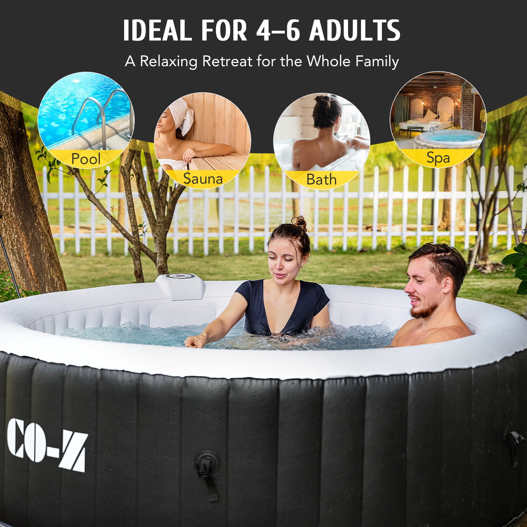 CO-Z 4-6 Person 7ft Inflatable Hot Tub Pool with Massage Jets and All Accessories Black