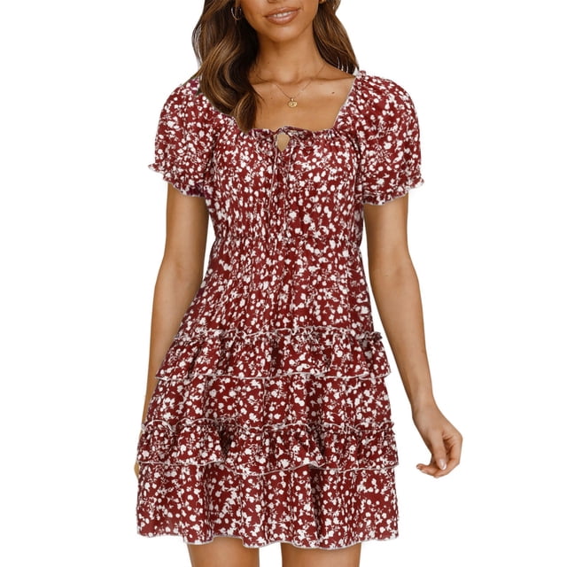 WTXUE Plus Robes Taille, Robe Trapèze à Manches Courtes Vestidos Casuales Para Mujer Col Ras du Cou, Robe d'Été à Manches Trapèze Robe Plissée Robe d'Été Florale Mi-Longue pour Femme Grande Taille, Rouge Taille TG