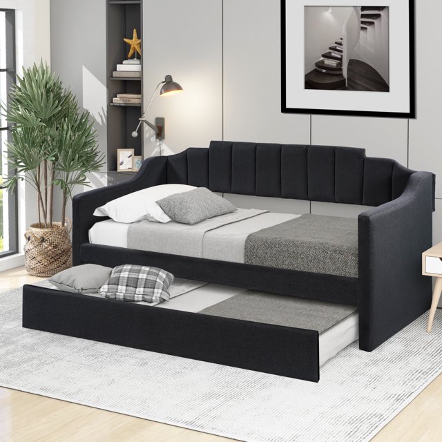 MODERNLUXE Lit de Jour Taille Simple avec Lit Gigogne, Cadre de Lit Rembourré pour Chambre Salon, Noir