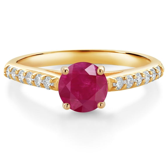 Gem Stone King 10K Yellow Gold Red Ruby and White Lab Grown Diamond Engagement Ring for Women (1.18 Cttw, Gemstone July Birthstone, Round 6MM, Size 8)