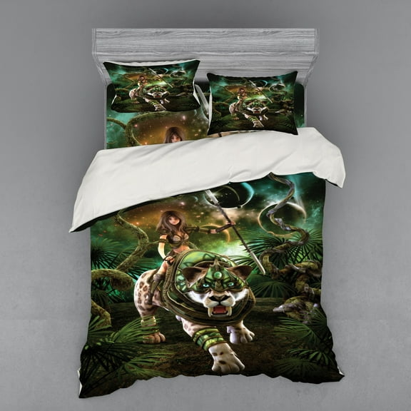 Ambesonne Fantasy Bedding Set 4 Pcs, Fantasy Tiger Galaxy, Queen, Green