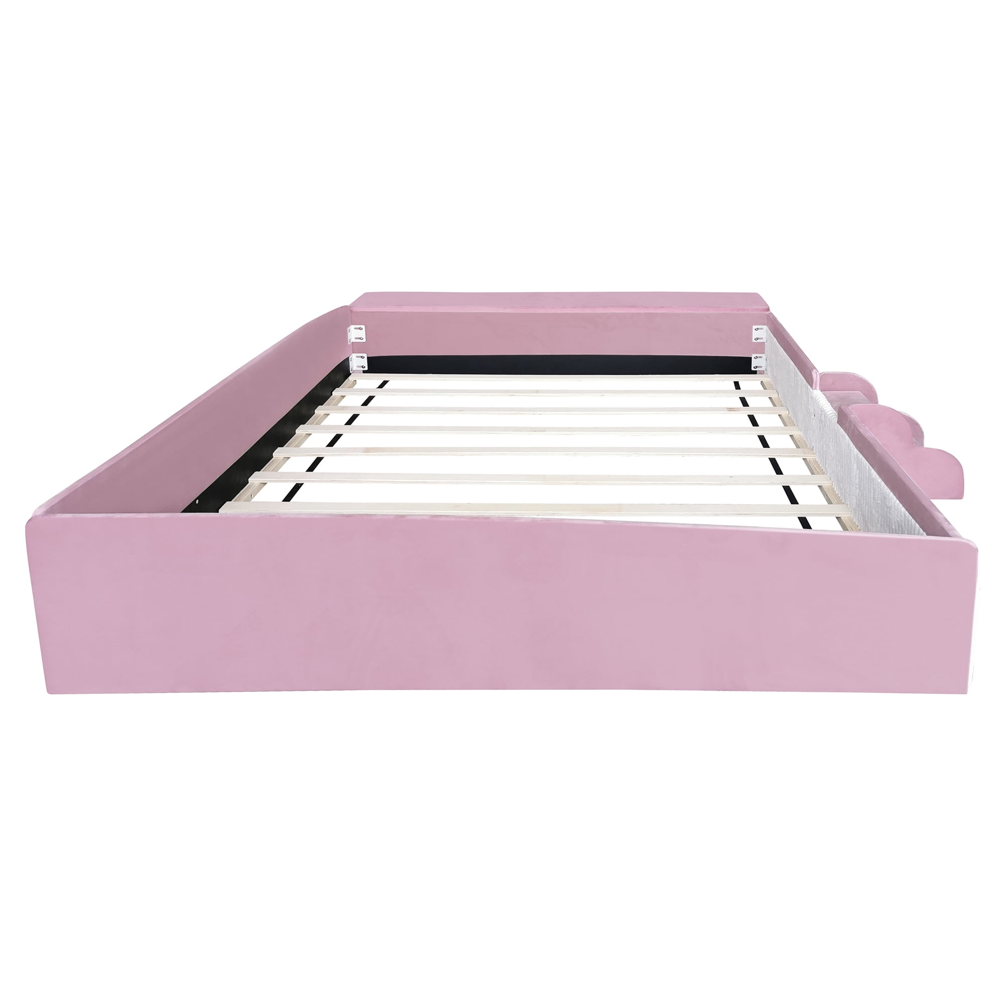 Leumius Queen Size Floor Bed Frame with Stairs & Gas Lift Storage Ottoman, Velvet Upholstered Daybed with Padded Guardrails, Pink+White
