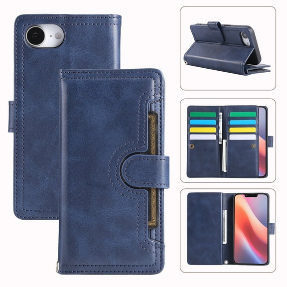 for iPhone 16e Phone Case,for iPhone 16e Wallet Case RFID Blocking 8 Card Slots Holder & 1 Cash Pocket & 1 Outer Pouch,Wrist Strap,Shockproof Leather Magnetic Flip Stand Cover,Darkblue