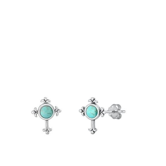 Sterling Silver Simulated Turquoise Cross High Polished Earrings .925 New Jewelry Female Unisex