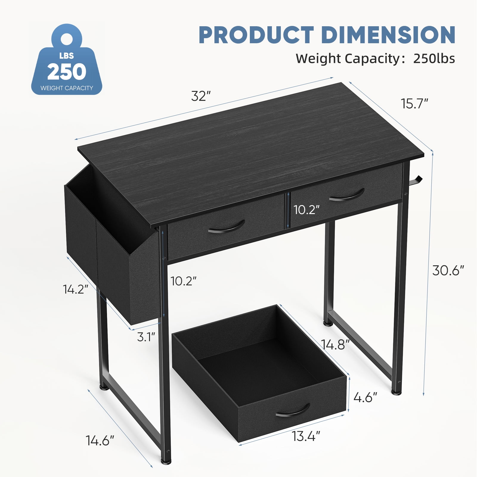 Vireonix 32IN Black Computer Desk with Drawers, Adjustable Feet & Storage for Small Spaces