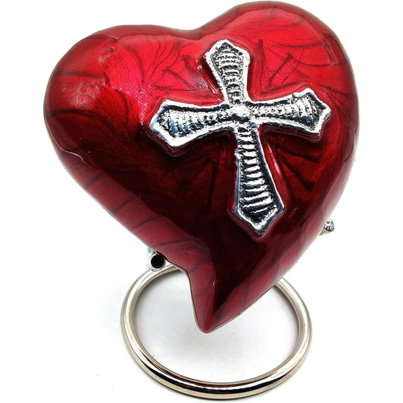 Heart Urn for Human Ashes - RED religious cross Heart Cremation Urn for everyones - Mini Urn with Box & Stand - Heart Shaped Memorial Urn - Small Keepsake Urn Heart - Honor Your Loved One with Urn