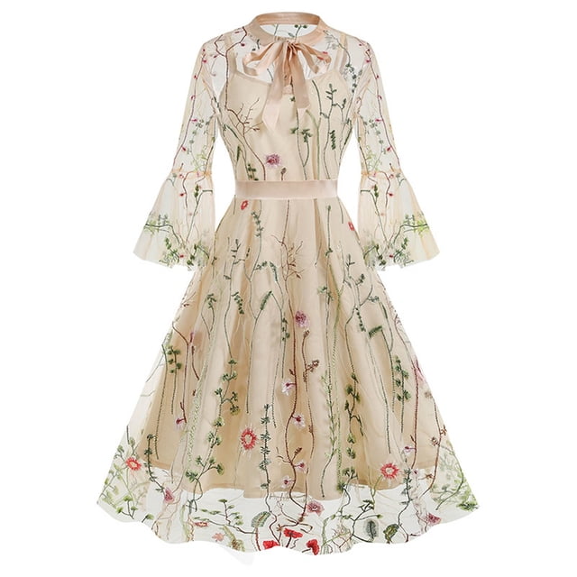 Summer Dresses Halloween Retro Mid Sleeve Dark Gothic Embroidered Stitching Two Piece Set Spring Dress Beige S
