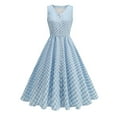 thumbnail image 3 of Jinhomg Vintage Swing Dress for Women Cute Plaid Print A-Line Pleated Dress Sleeveless Button V-Neck Midi Dresses 1950S Cocktail Party Prom Dress Blue S, 3 of 10