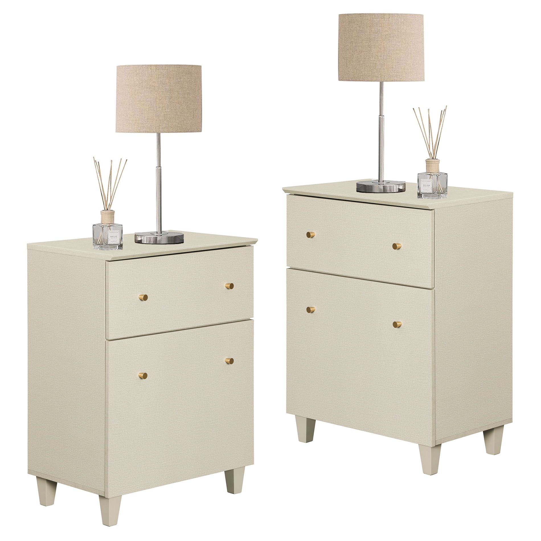 Modern End Tables Set of 2, Large Side Tables with Drawer and Cabinet, Wooden Nightstands with Adjustable Storage Shelf for Living Room, Beige Linen Printed
