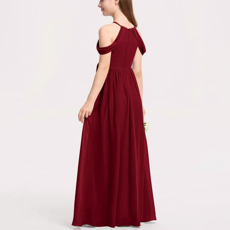 Moocorvic Off Shoulder A-Line Girls Dresses Junior Bridesmaid Dress for Wedding Ruffles Flower Halter Party Pageant Gowns 10-11Years,Wine