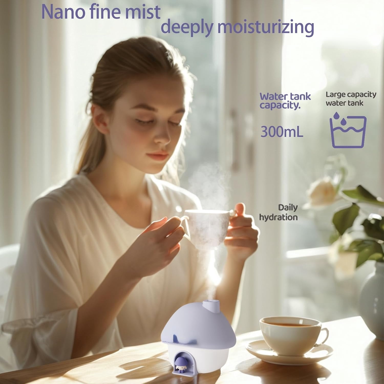 Portable Mini Humidifier, 300ml Small Cool Mist Humidifier, Personal Desktop Humidifier for Baby Bedroom Travel Office Home,7 Modes of sunset atmosphere light, 2Modes of night light