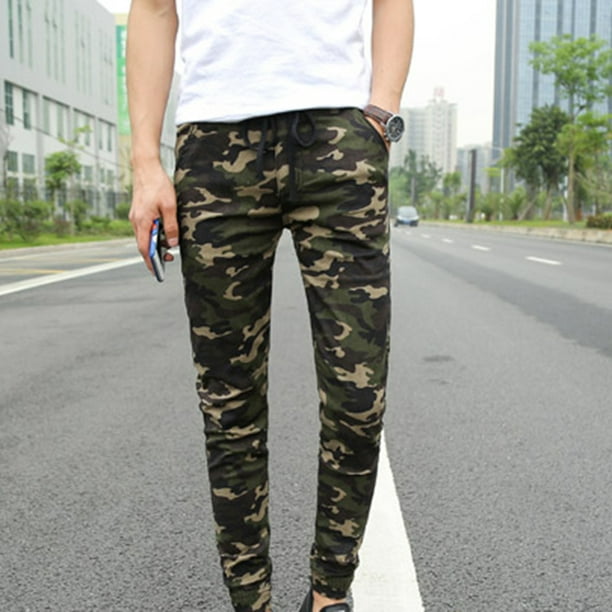 Aofa Men Sporty Camouflage Color Pockets Waist Drawstring Long Skinny Cargo  Pants