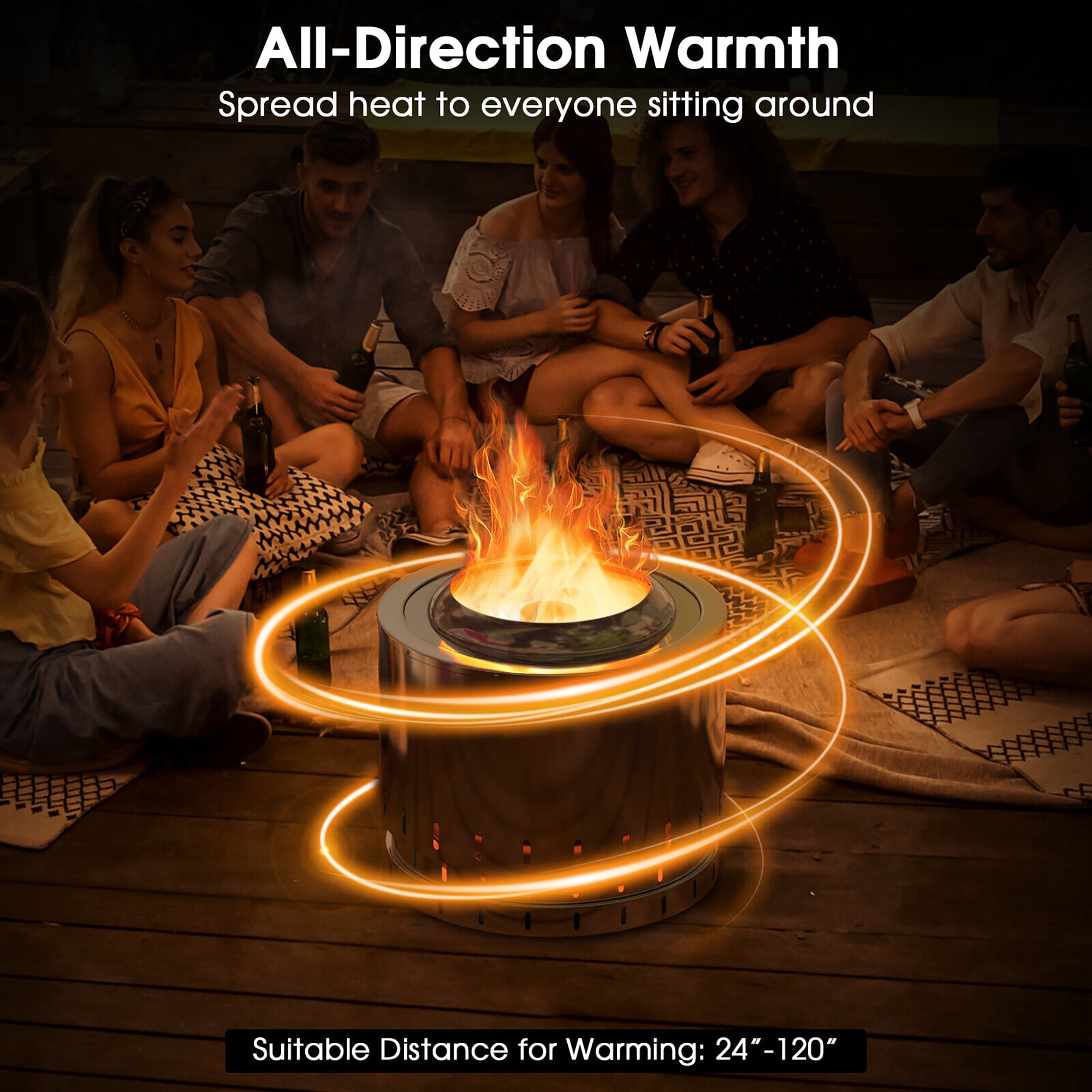Gymax 19.5'' Smokeless Fire Pit Stainless Steel Wood Burning Firepit w/ Rain Cover