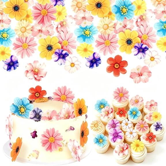 Edible Flower Cupcake Toppers 60 Pcs Wafer Paper Cake Picks Daisy Hibiscus Style Wedding Birthday Party Cake Decoration