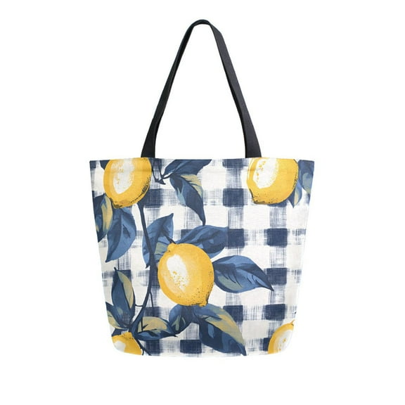 FORMRS Womens Canvas Tote Bag with Zipper Inner Pocket Shoulder Handbag, Beige Plaid Lemon