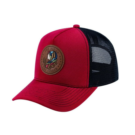 Unisex V2 Embroidered And Laser-Engraved Virgo Zodiac (August 23, September 22), 5-Panel Trucker Hat, Burgundy/Black, Adjustable Fit