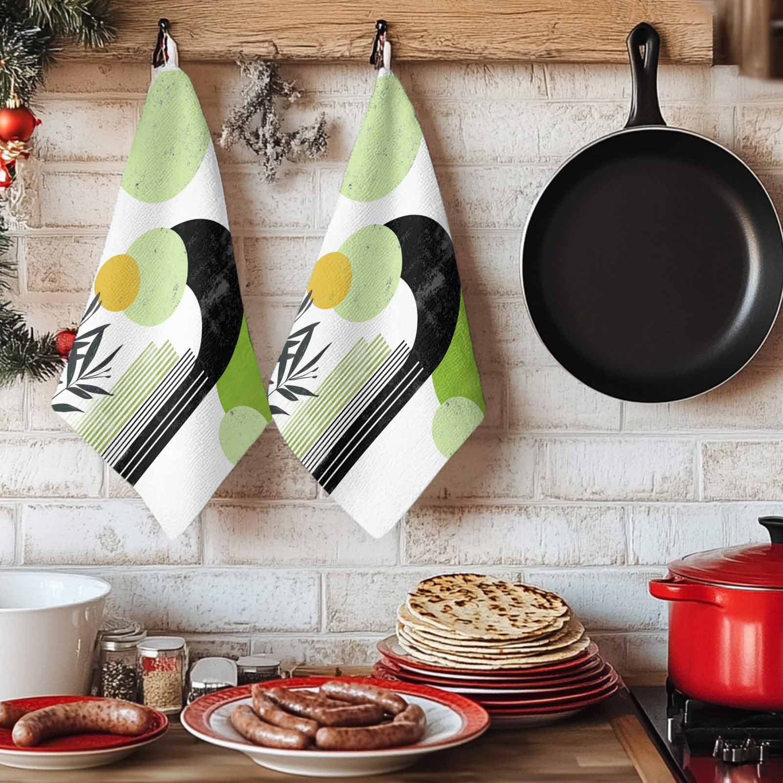 Dish Towels, Green Boho Absorbent Kitchen Towels 2 PCS, Geometric Line Leaves Microfiber Hand Towels Dish Cloths Tea Towels for Home&nbsp;Bathroom Cleaning Drying,18X28-Inch,