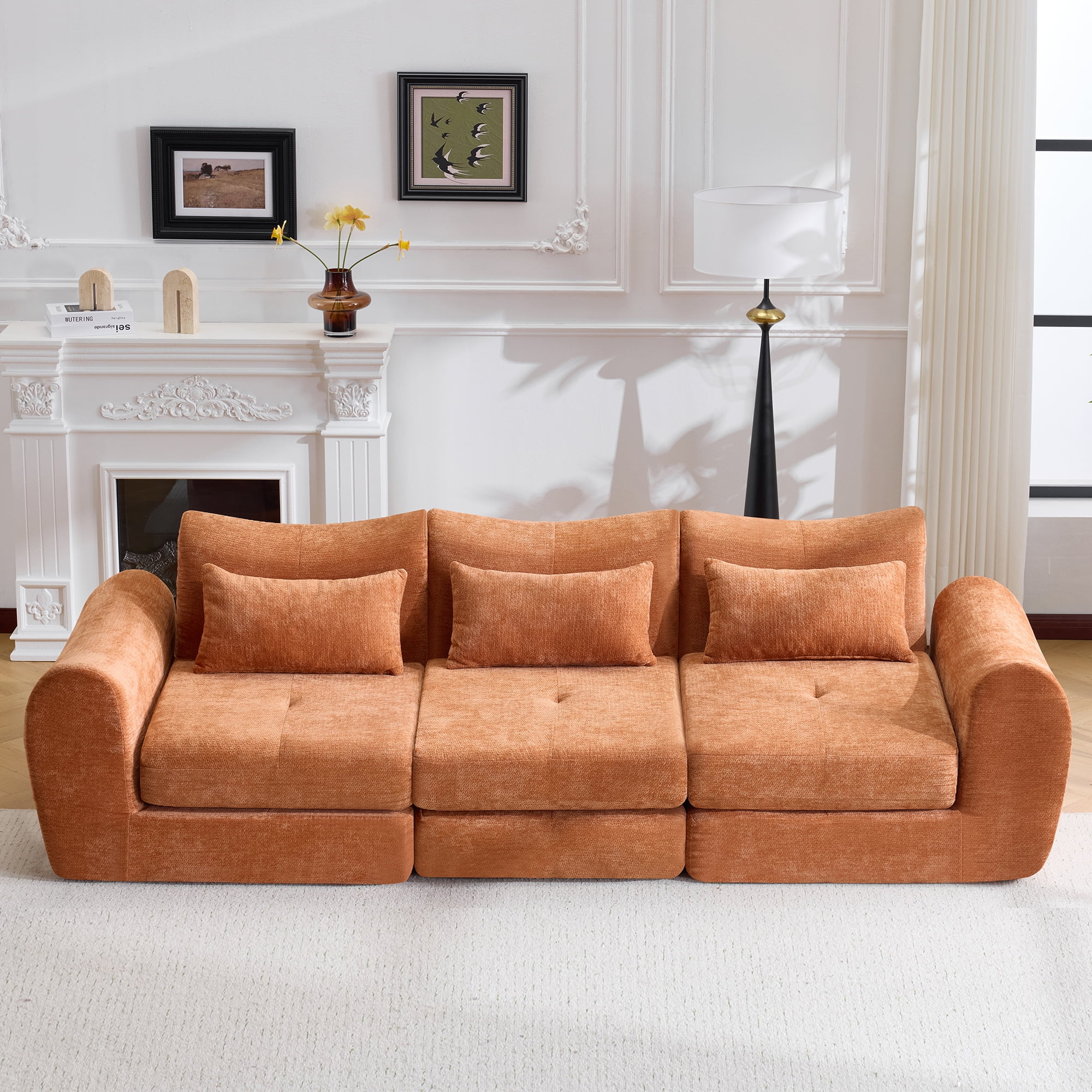 GARITIN Flannelette Fabric Modular Cloud Sectional Sofa Bed, Orange