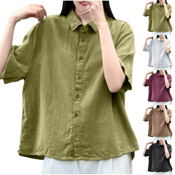 Dazajoo Women's Button Down Cotton Linen Shirt Short Sleeve Lapel Collar Solid Blouse Summer Casual Loose Beach Tops,Black,L