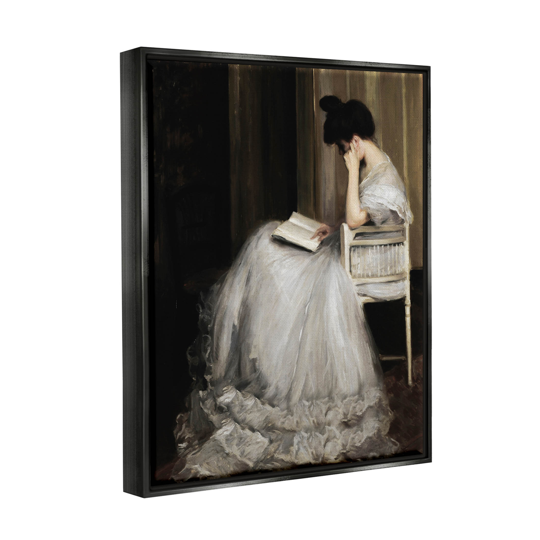 Woman in Gown Reading Portrait Typography Painting Jet Black Framed Art Print Wall Art