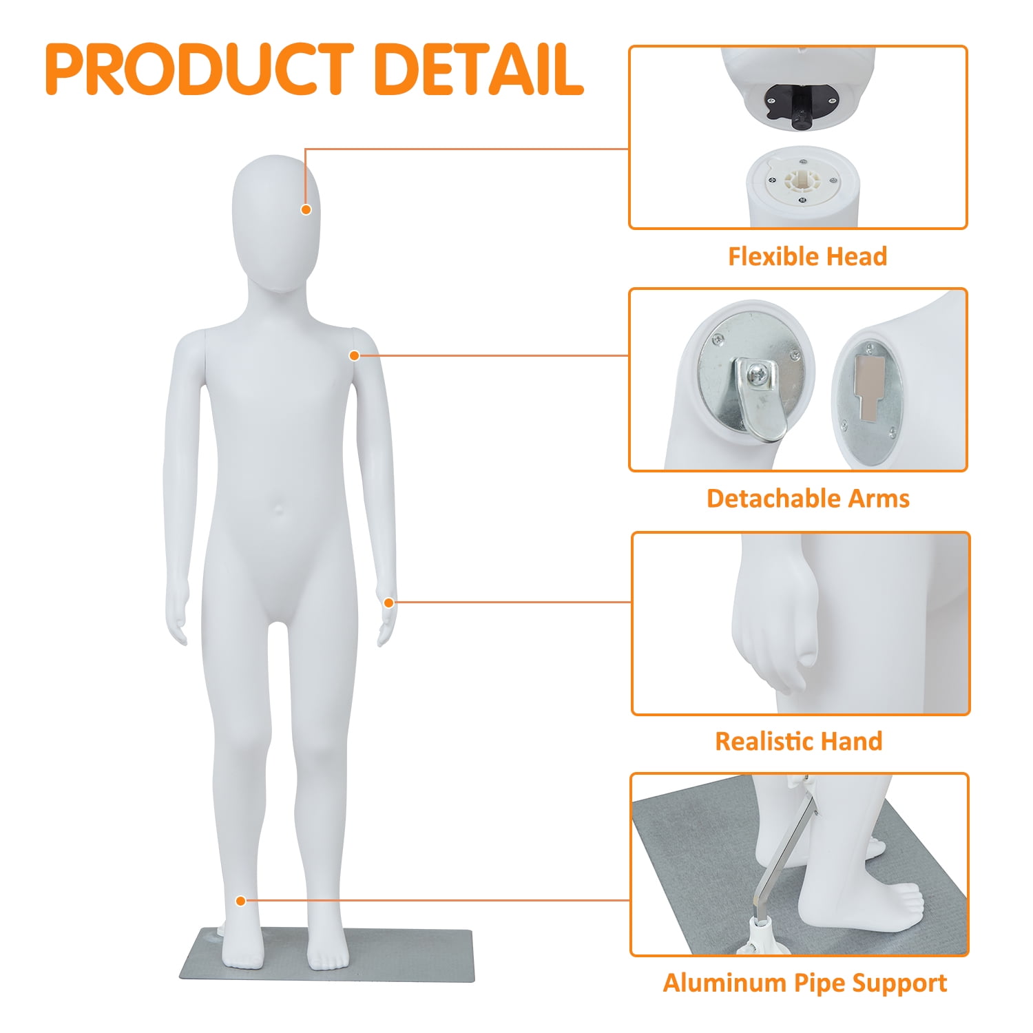 Kinbor Kid Mannequin Full Body, 43.3Inch Child Mannequin with Adjustable Metal Base for Window Display, White