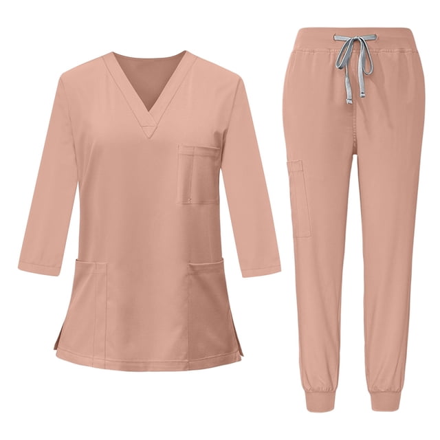 Ktyne Ensembles de Sarraus pour Femmes Extensibles Uniforme d'Infirmière à Manches Courtes Sarrau et Pantalon Jogger Ensemble de Couleur Unie avec Multiples Poches Rouge Melon D\'eau TG