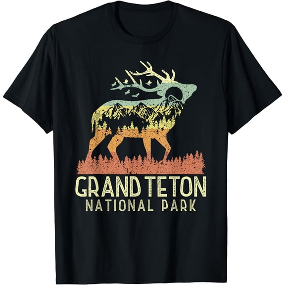 Grand Teton National Park Shirt Womens Retro Mountain Vintage Elk Gift T-Shirt Black Medium