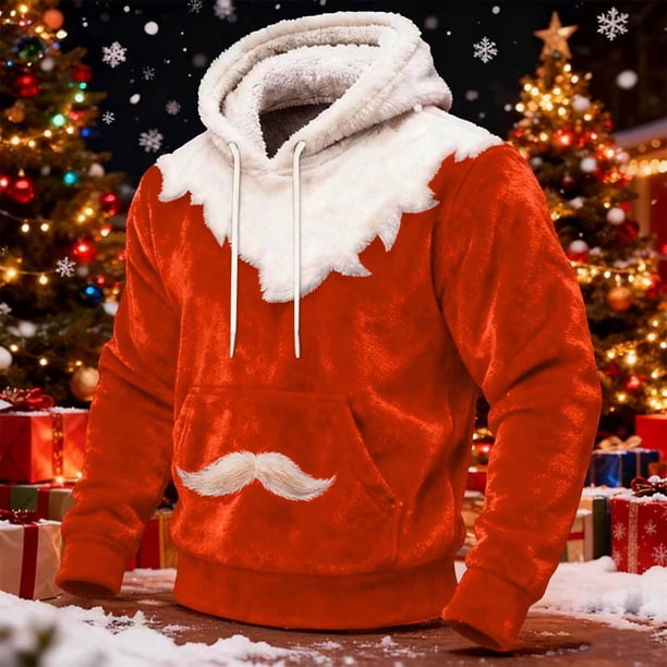 Ceisia Cozy Fleece-Lined Mens Loose Fit Santa Style Color Block Hooded Sweatshirt Gifts