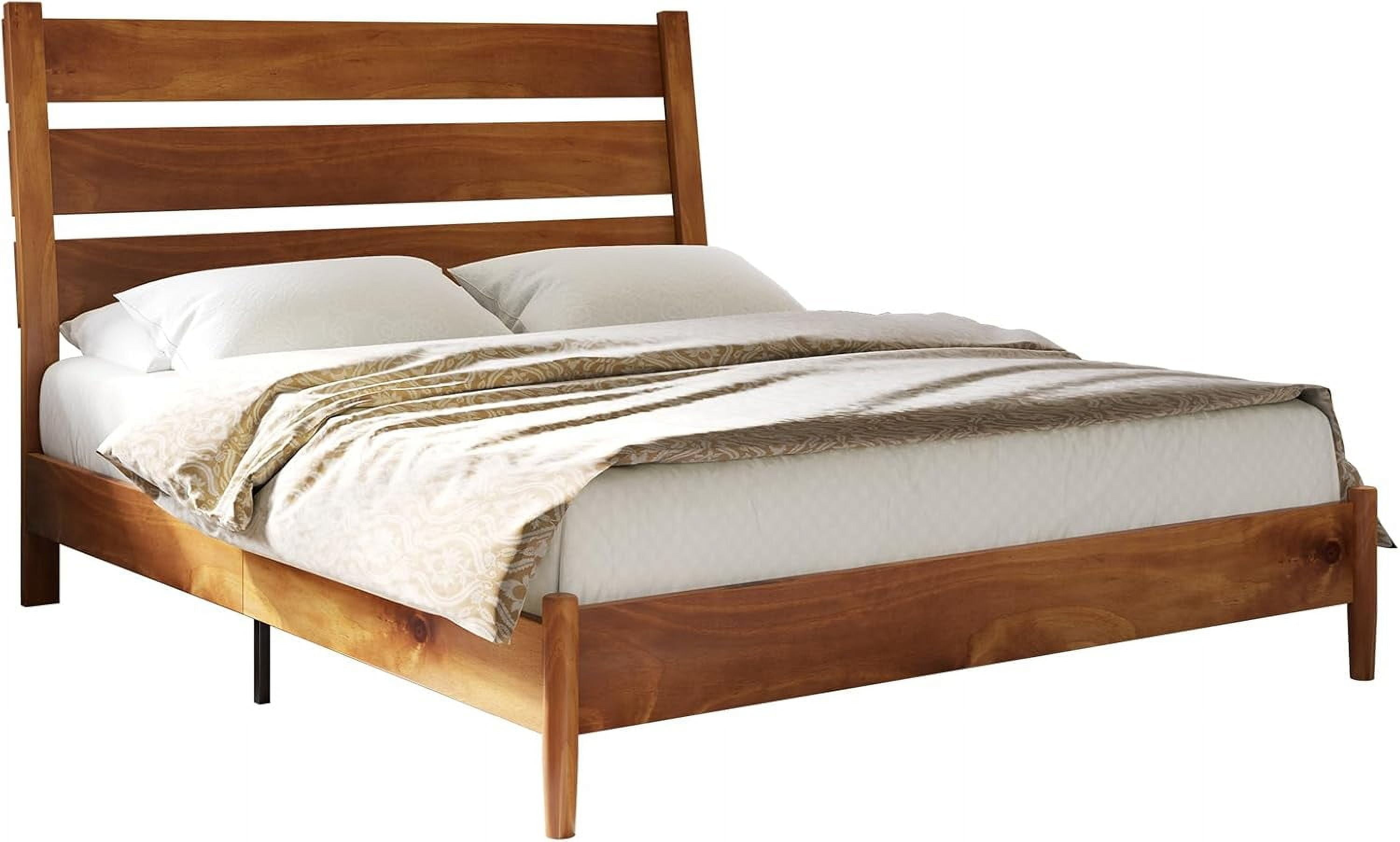 VanAcc Queen Size Solid Wood Bed Frame, Platform Beds with 45"H Headboard, Easy Assembly, Caramel