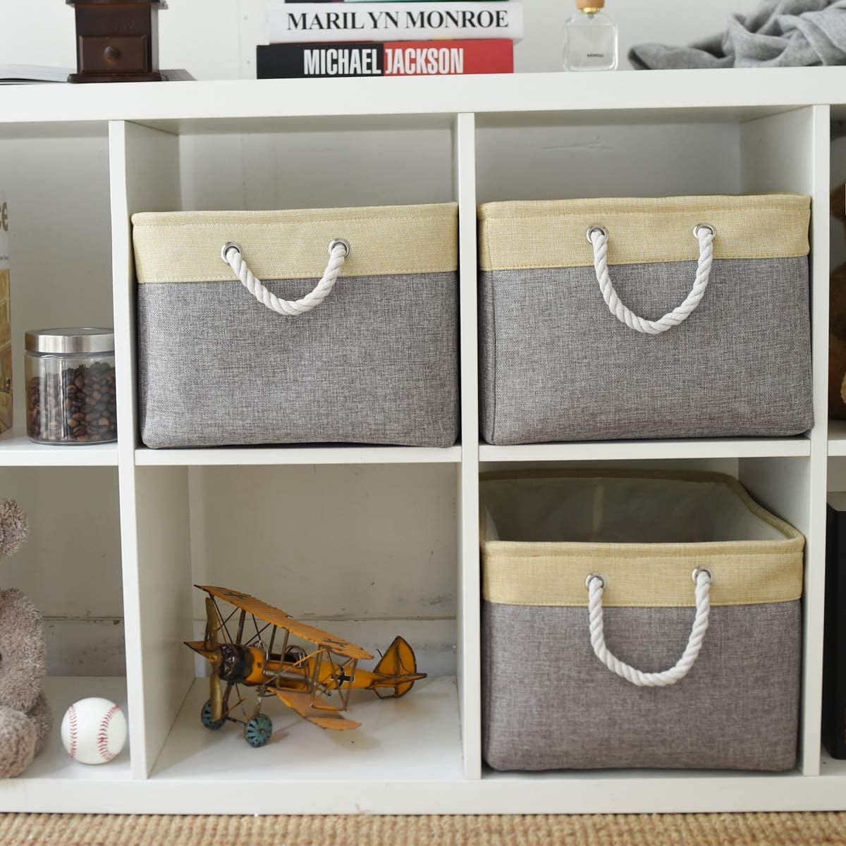 Tegance Small Storage Baskets for Shelves, Storage Cube Organizer, Storage Bins, 12 x 8 x 5 Inches, Rectangle Canvas Fabric Collapsible Shelf Box with Handles, Gold & Grey