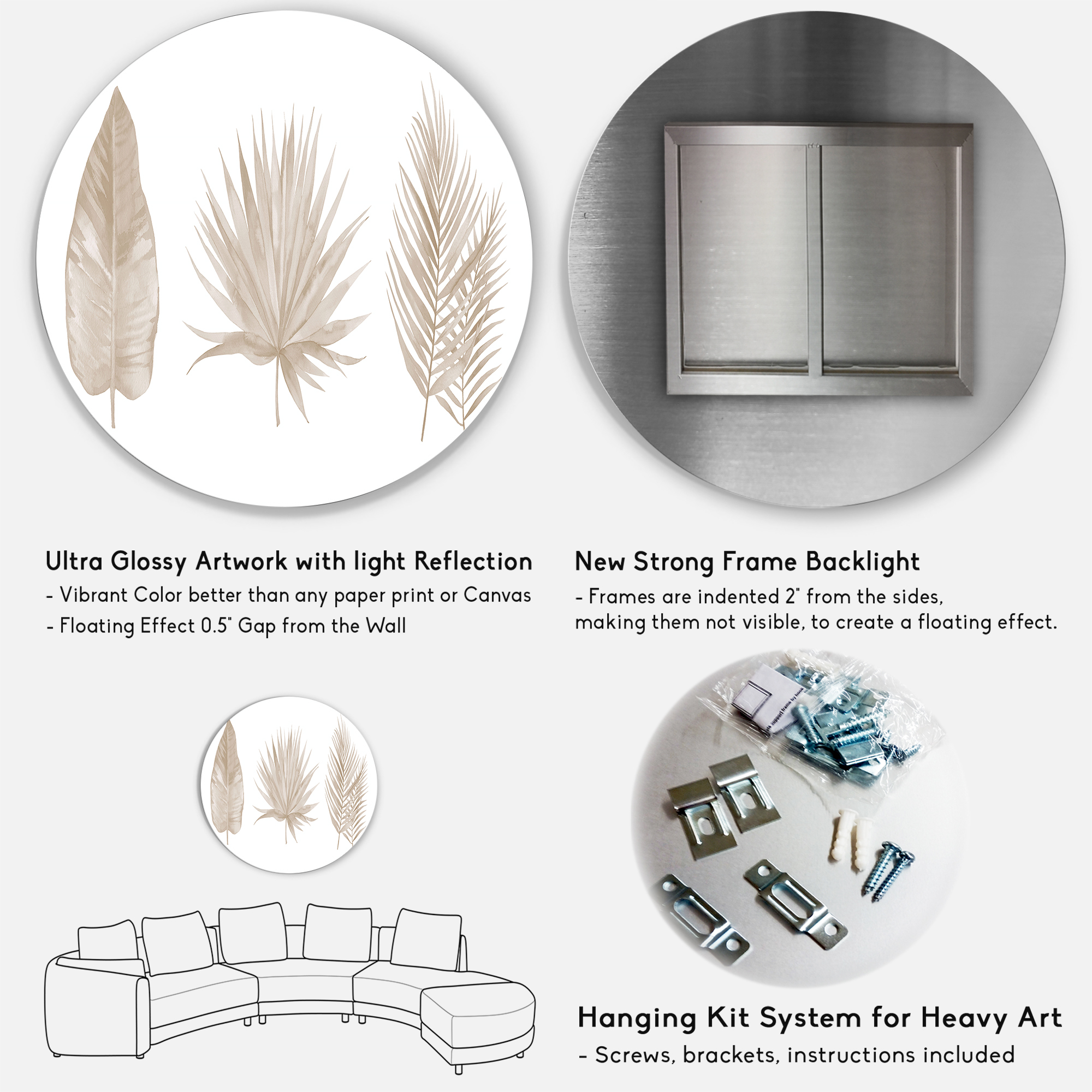 Designart 'Tropical Beiges Leaves On White' Traditional Circle Metal Wall Art 29x29 - Disc of 29
