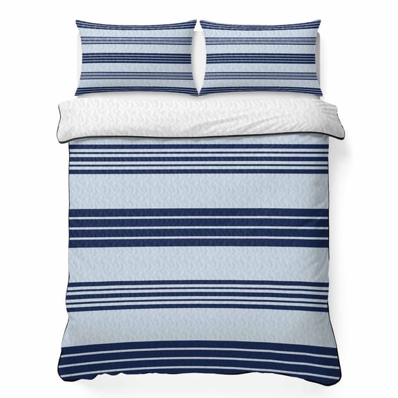King Quilt Bedding Set Navy Blue Stripe Vintage Breathable Summer Cooling Blanket for Hot Sleepers, Modern Minimalist Lines Lightweight Soft Bedding Set with 2 Pillow Shams for All Season