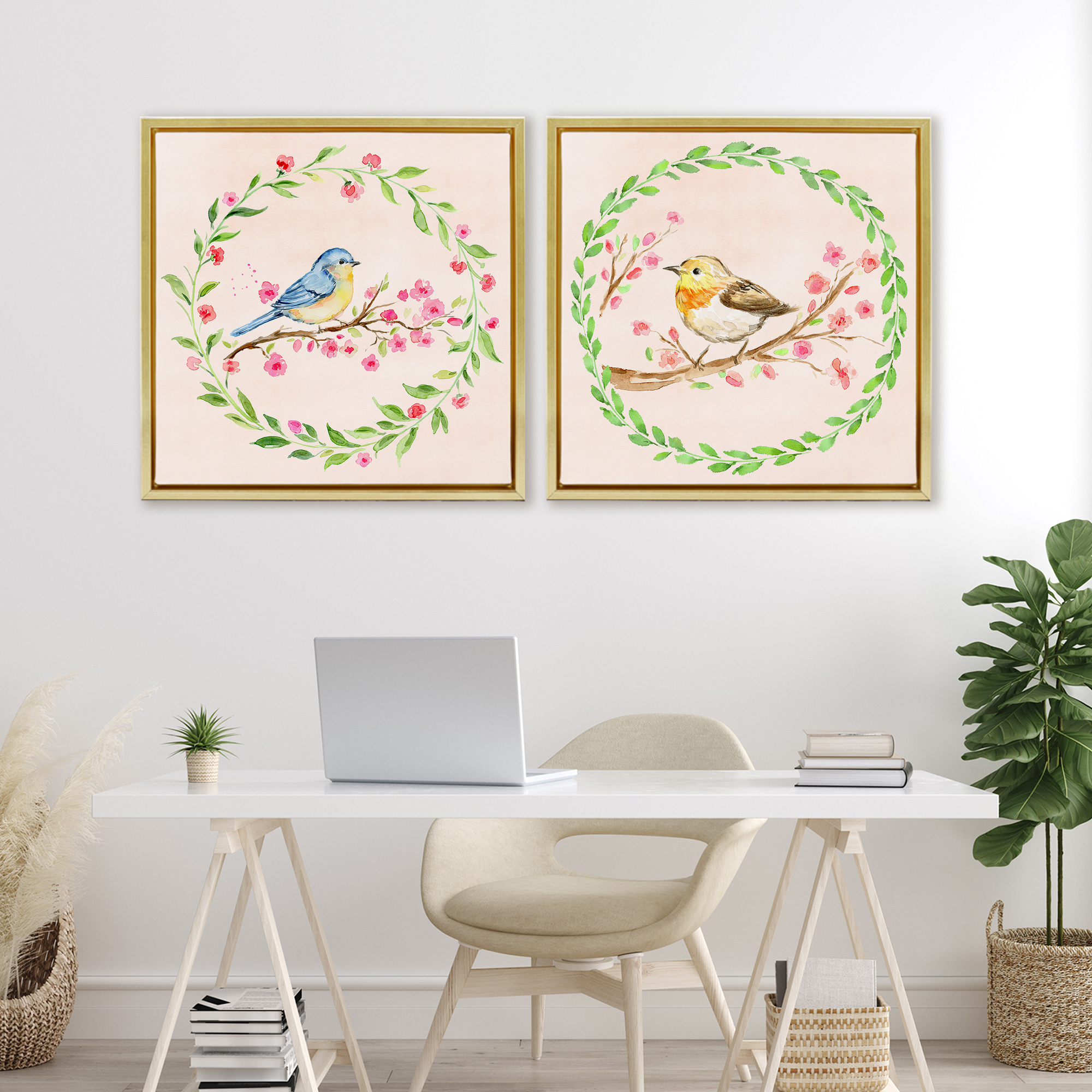 Spring Branches & Wreath Birds 2 Piece Gold Framed Floater Canvas Set, design by Elena Fay