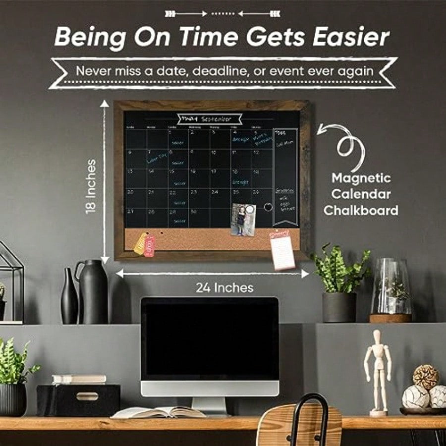 Chalkboard Calendar Bulletin Combo 18 X 24 Rustic Frame With Chalk Markers PushPins Magnets Blackboard Kitchen Wall Calendar Organizer