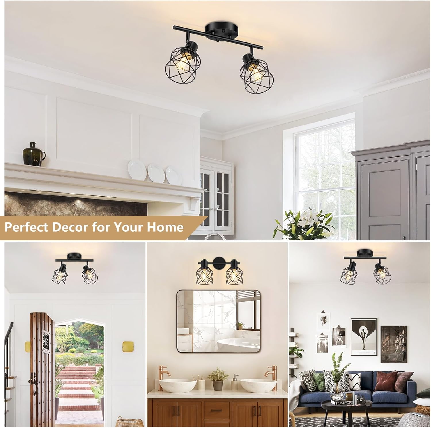 Industrial Track Lighting Kit 2 Light Modern Track Lighting Fixtures Flush Mount Ceiling Light Rotatable Light Head E26 Base Ceiling Spotlight for Kitchen Dining Room Hallway