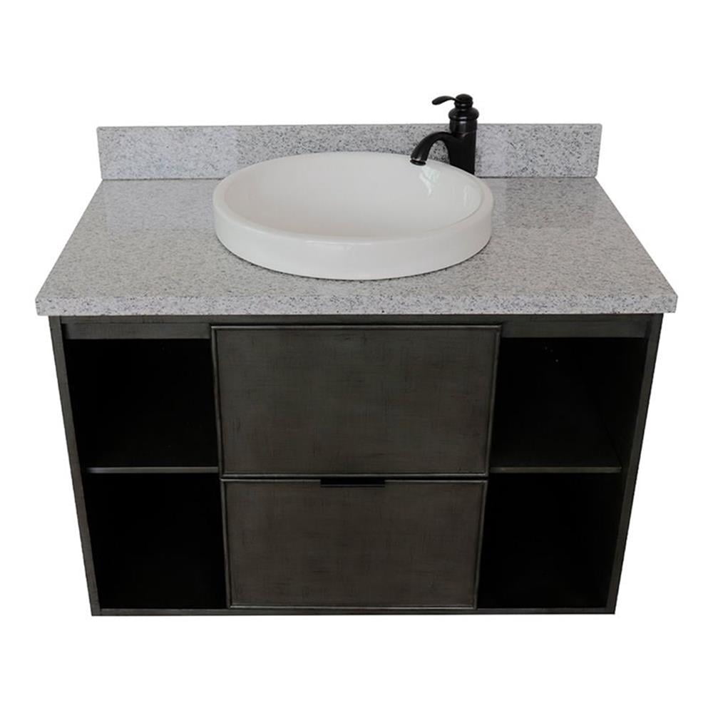 Bellaterra Home 37" Single wall mount vanity in Linen Gray finish top with Gray granite and round sink