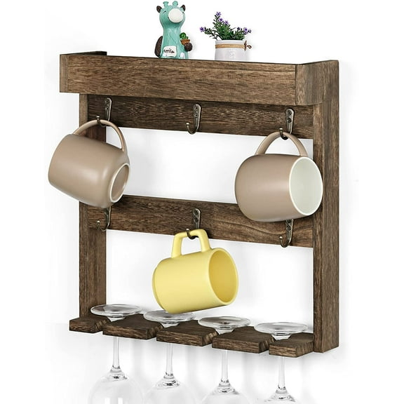Oumilen Wall Mounted Wine Glass and Coffee Mug Rack Shelf with Hooks, Rustic Brown