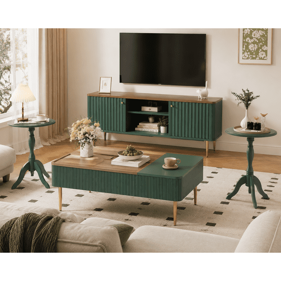 HLR Living Room Table Sets 4 Piece with TV Stand, Modern TV Stand for 65 Inch TV, 39" Coffee Table with Drawers, Two End Tables, Green