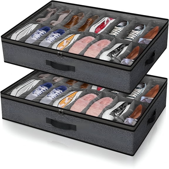 XIBUFE 2 Pack Under Bed Shoe Storage Organizer for Closet,Fits Total 32 Pairs Foldable Underbed Shoes Containers,Shoe Organizer for Closet