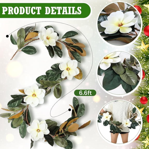 6.6 FT Artificial Magnolia Garland, Christmas Garland Decor with White Magnolia Flower & Leaf for Indoor Outdoor Holiday Decor - Christmas Mantle, Fireplace, Table, Wedding Arch
