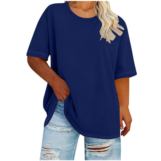 Jalioing T-Shirt pour Femmes Grande Taille Manches Mi-Longues Col Rond T-Shirt Ample Mode Décontracté Basique Uni