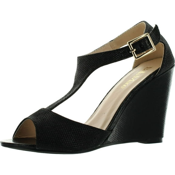Bella Marie Soho-13 Womens Buckle T-strap Shinny Glitters Peep Toe Wedge Sandal