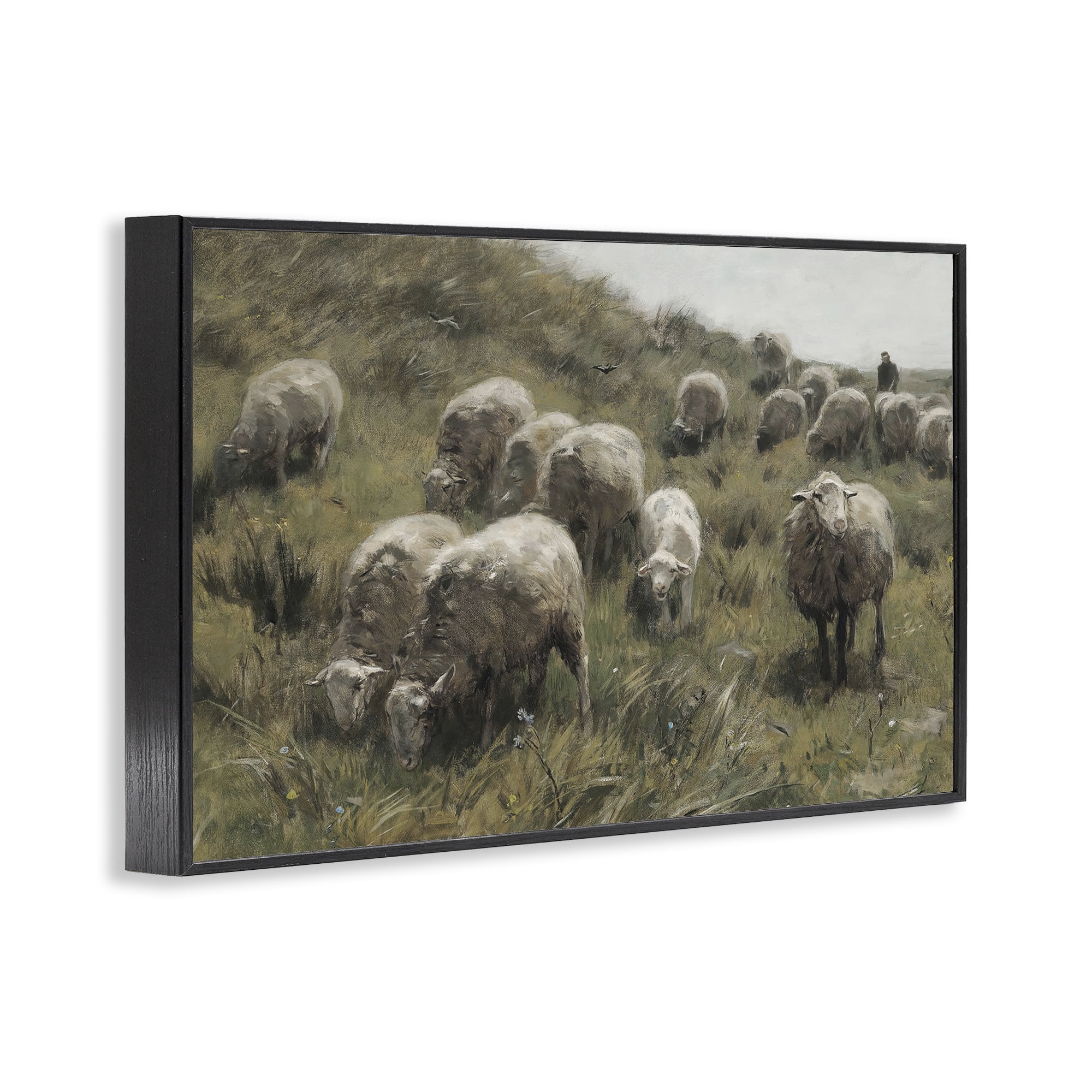 Stupell Industries Sheep At Pasture Landscape Painting Black Framed Art Print Wall Art, 24 x 16