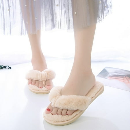 

CoCopeanut BEVERGREEN Winter Women House Slippers Faux Fur Warm Flat Shoes Female Slip on Home Furry Ladies Slides Plus Size Wholesale